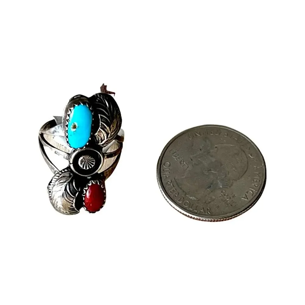 Vintage sterling silver turquoise and coral Native American ring size 6.5